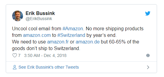外媒：从12月26日起，亚马逊将屏蔽瑞士购物者从美国站购买！